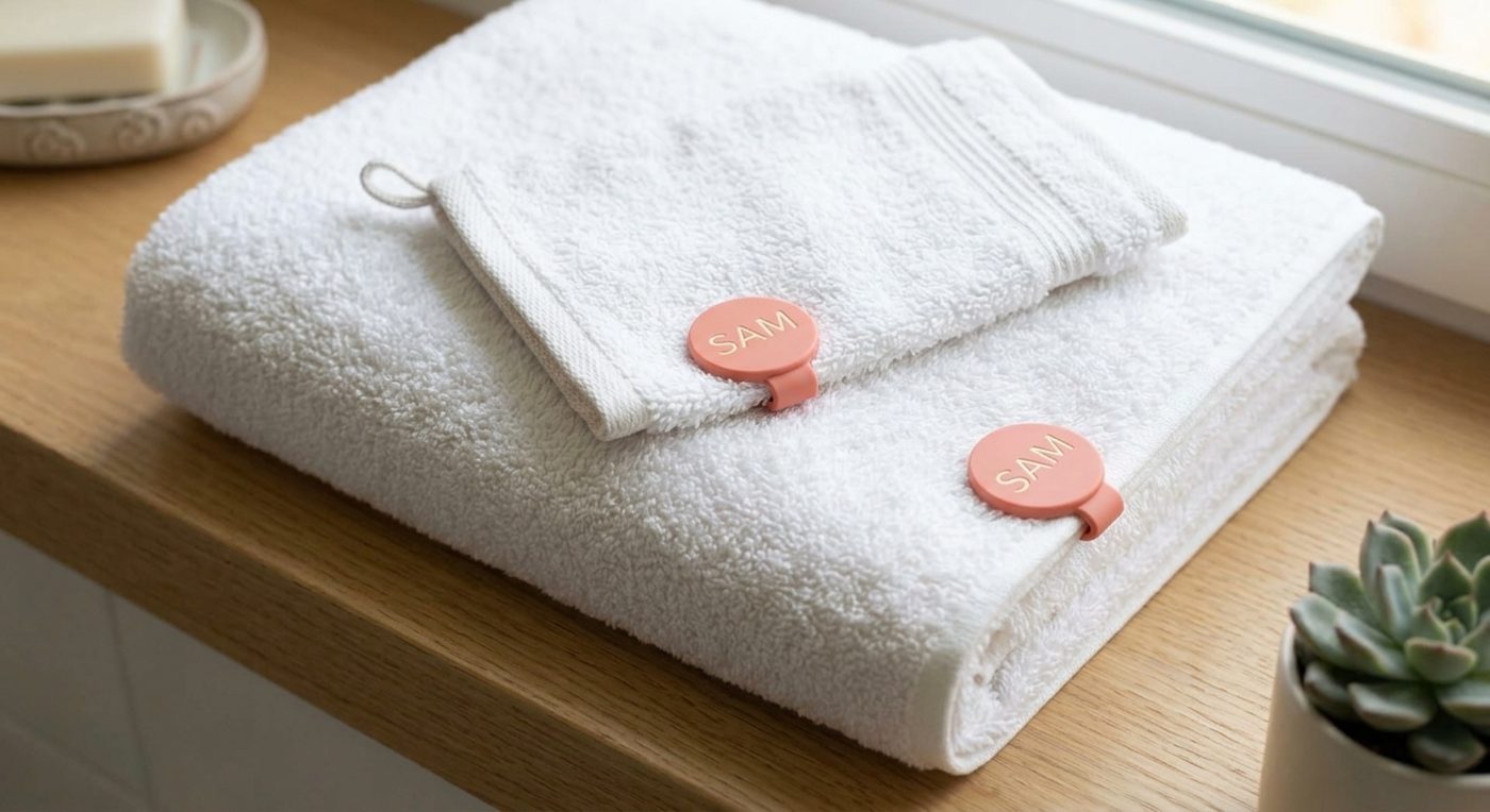 Opgevouwen handdoek en washandje, allebei met een Klipster SAM